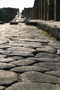 Ancient paver path laid in rome from a low perspective